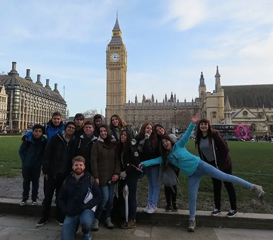 Loxdale English Centre students posing in front of Big Ben and Houses of Parliament during London educational trip