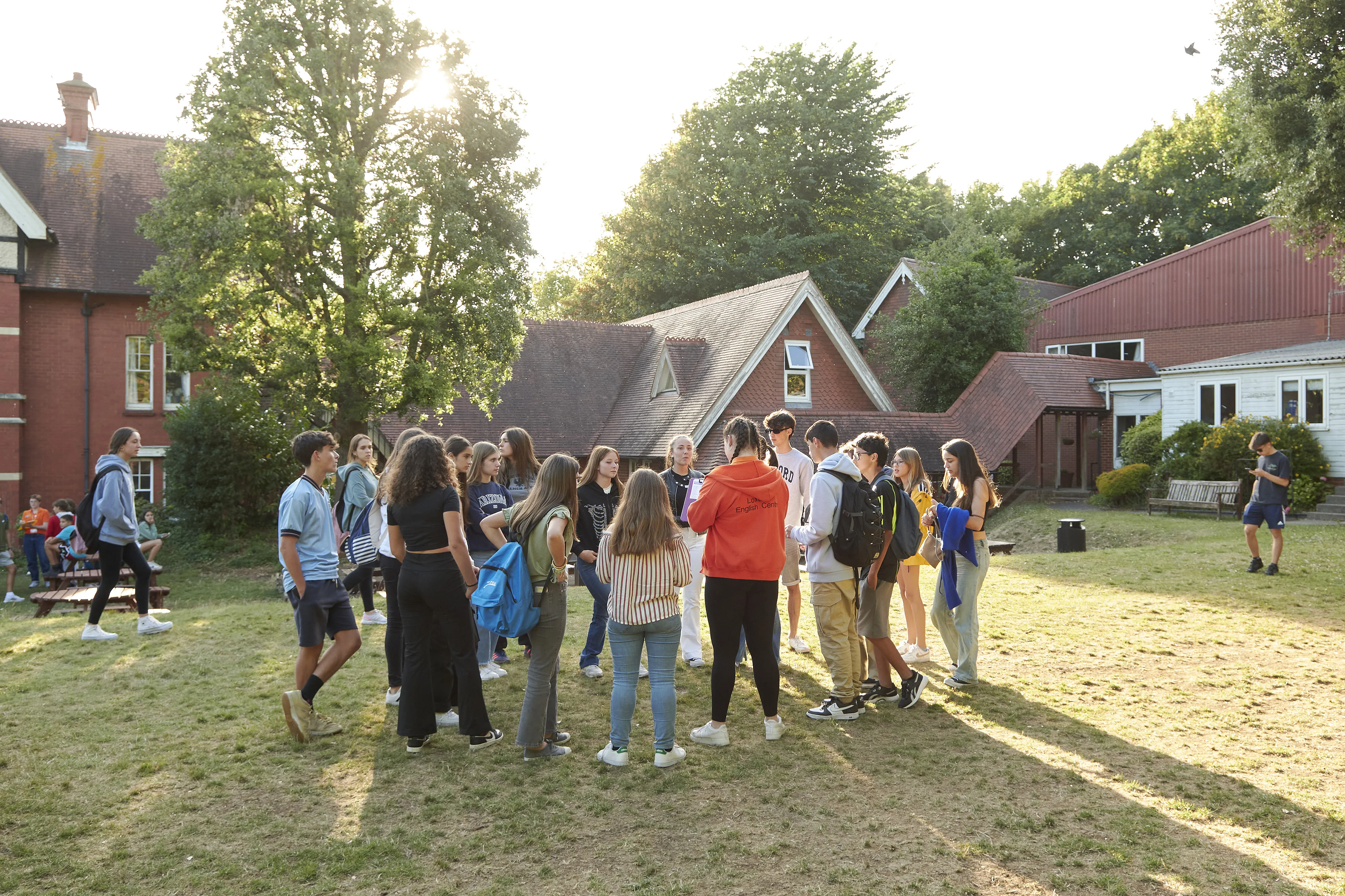 Young learners gathering outdoors during summer English course at Loxdale language school Brighton