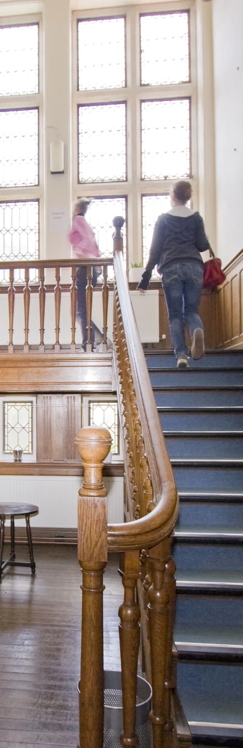 Historic wooden staircase and main hallway at Loxdale English Centre