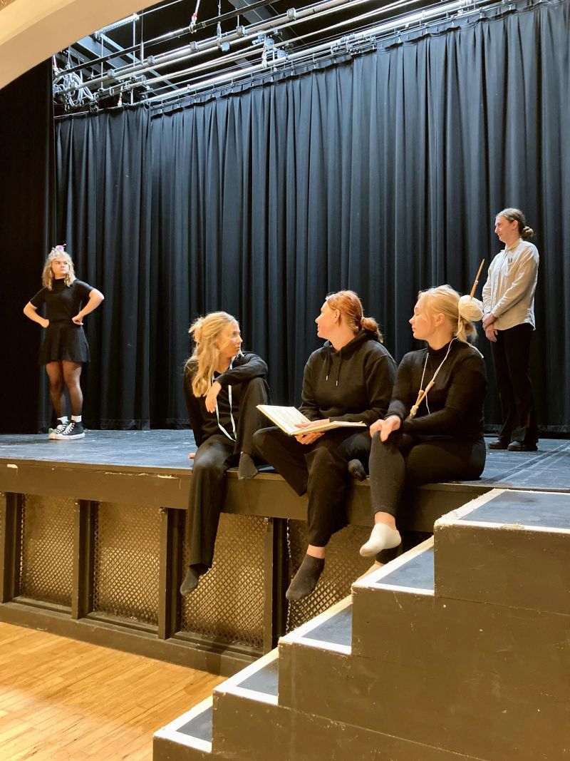 Students rehearsing theater performance at Loxdale English Centre Brighton, practicing language skills