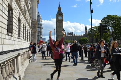 Happy Loxdale student celebrating in front of Big Ben during London trip